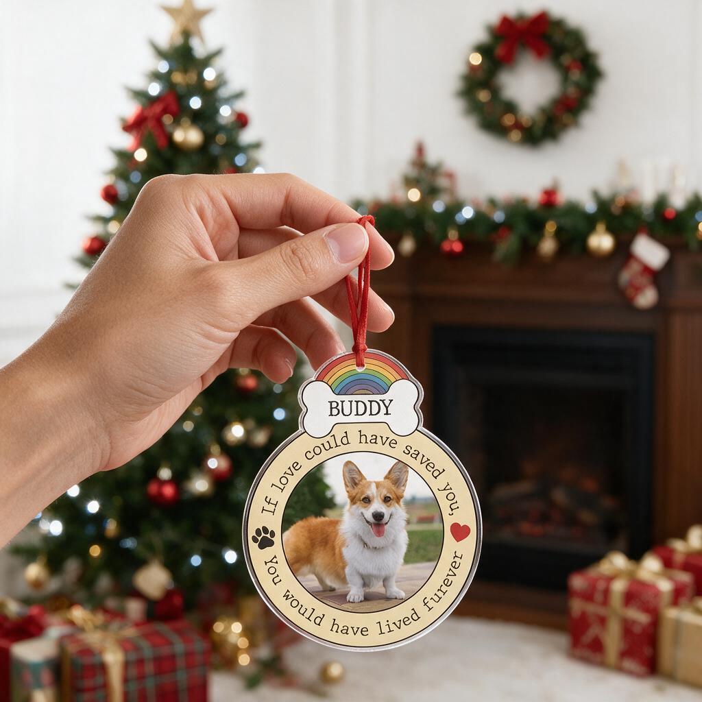 Custom Photo Upload Acrylic Ornament with Rainbow & Dog Bone B2XWW