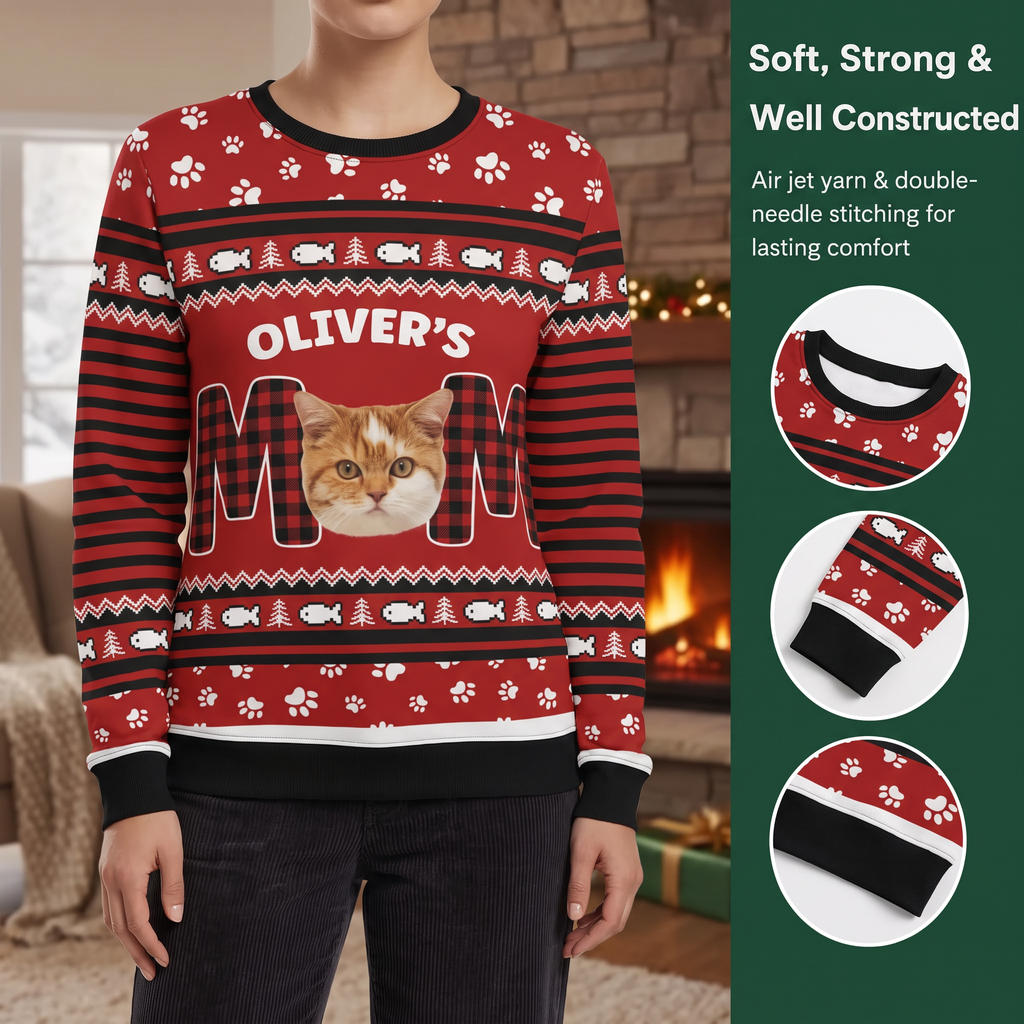 Custom Photo Upload Sweater with Cat Mom and Buffalo Plaid Pattern B5PGE