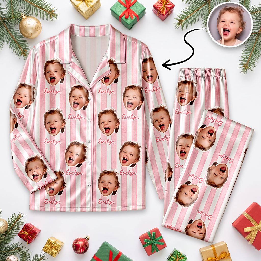 Custom Photo Upload Pajamas with Pink and White Stripes N4EIX