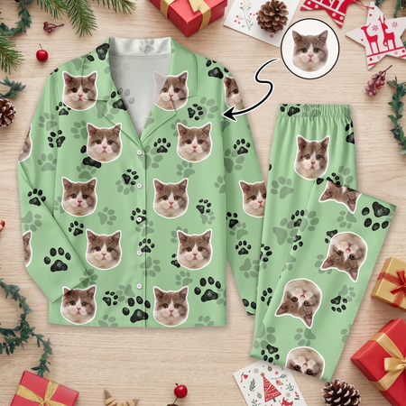 Custom Photo Upload Pajamas with Cat Faces and Paw Prints 3WVIA