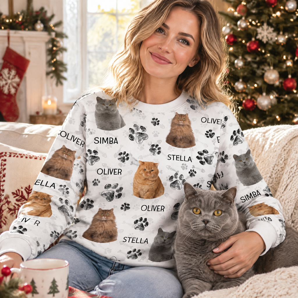 Custom Photo Upload Sweatshirt with Dog Portraits & Paw Prints EX8XH
