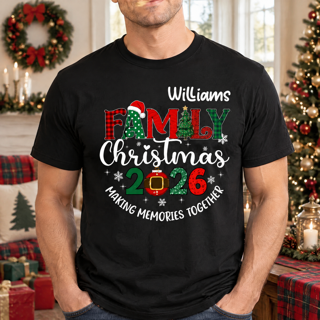 Custom Personalized Family Christmas T-Shirt with Santa Hats & Trees 2LLYY