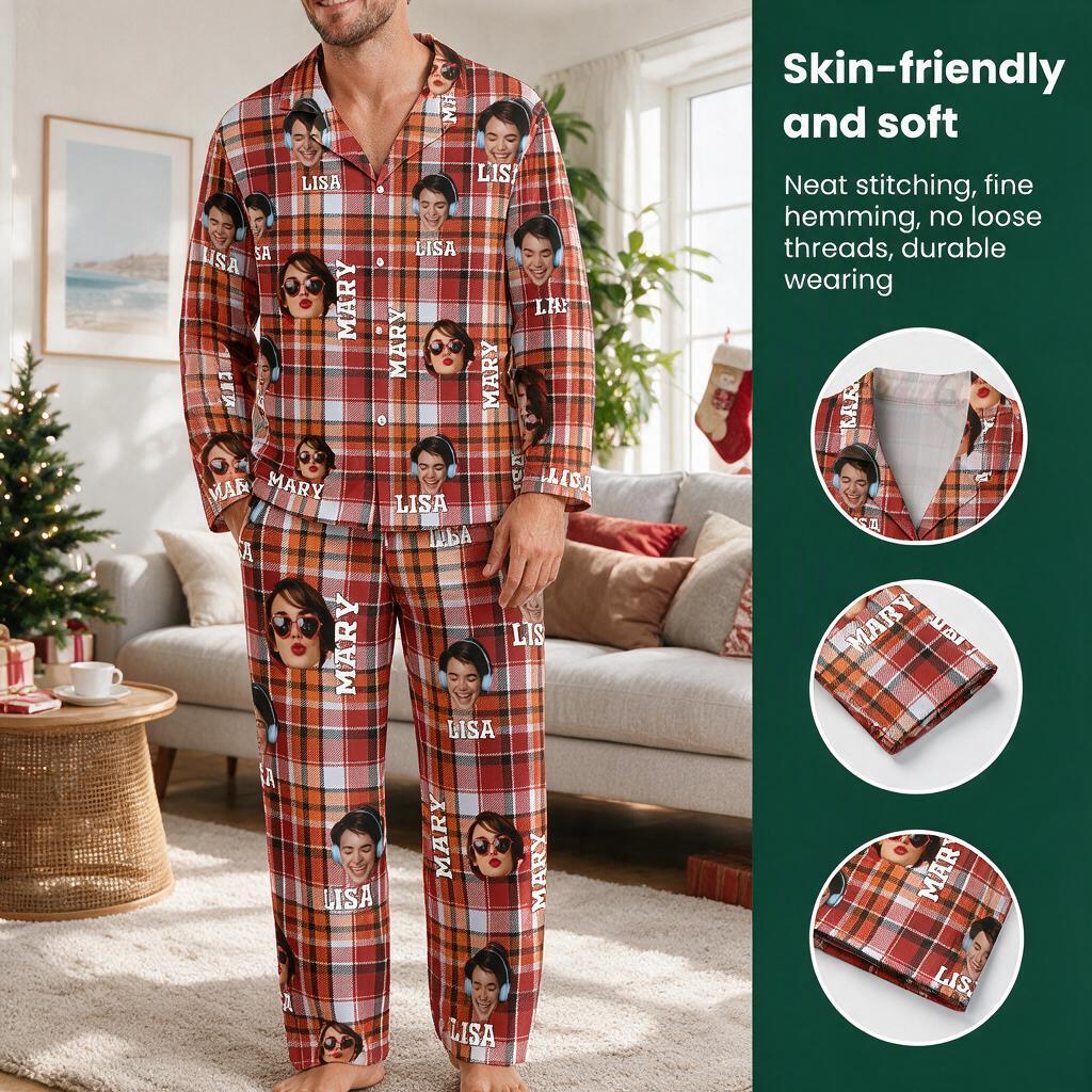 Custom Photo Upload Plaid Pajamas with Personalized Names 1KOX3