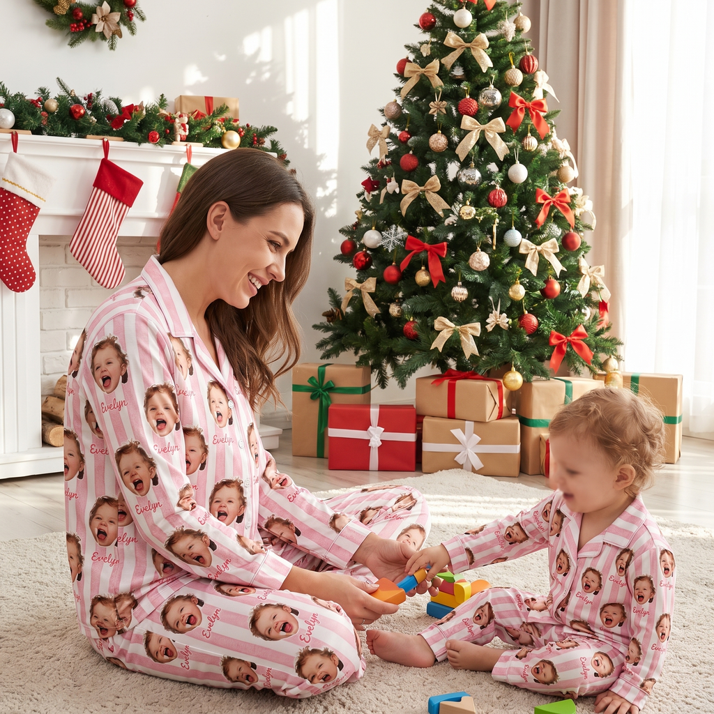 Custom Photo Upload Pajamas with Pink and White Stripes N4EIX