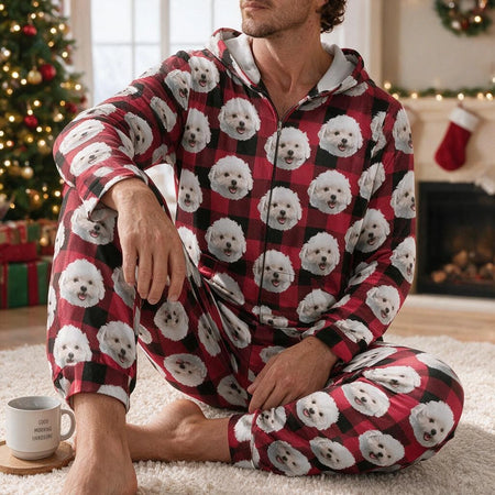 Custom Photo Upload Onesie Pajamas with Buffalo Plaid & Dog Faces NJV6Z