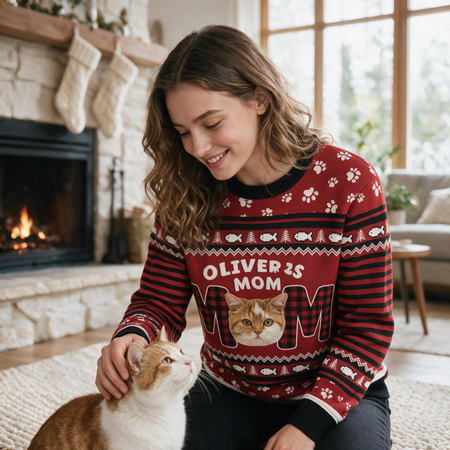 Custom Photo Upload Sweater with Cat Mom and Buffalo Plaid Pattern B5PGE