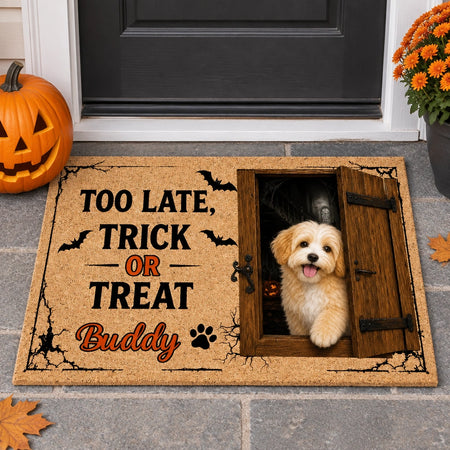 Custom Photo Upload Doormat with Too Late Trick or Treat & Bats 85B79