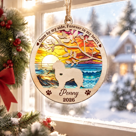 Custom Photo Upload Suncatcher Ornament with Rainbow Bridge & Dog VV7X5