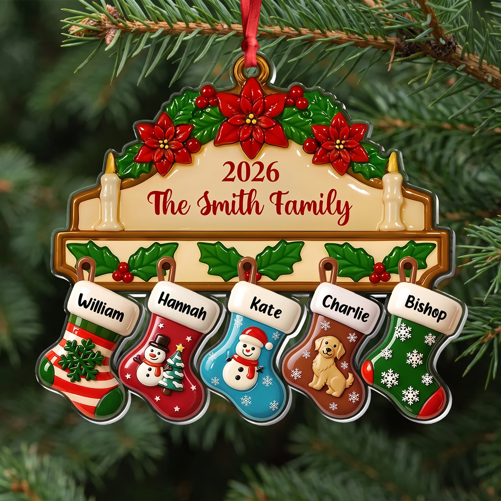 Custom Personalized Acrylic Ornament with Poinsettias & Stockings JA26J