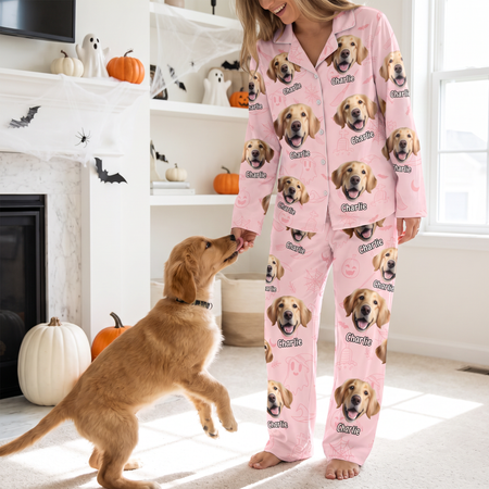 Custom Photo Upload Pajamas with Dog Face Print on Pink YQ7TF