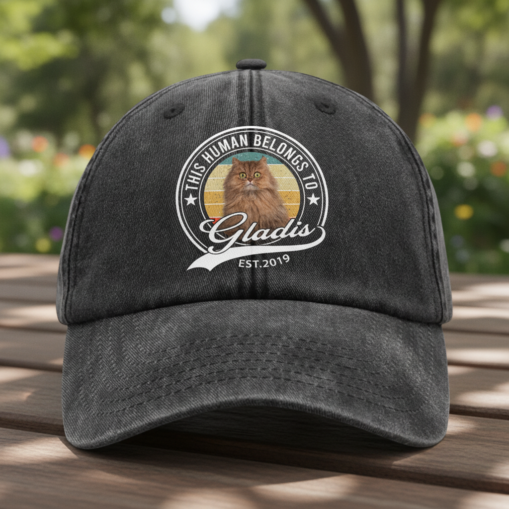 Custom Photo Human Belongs To Cat Washed Denim Baseball Cap Ha75 B2KAR