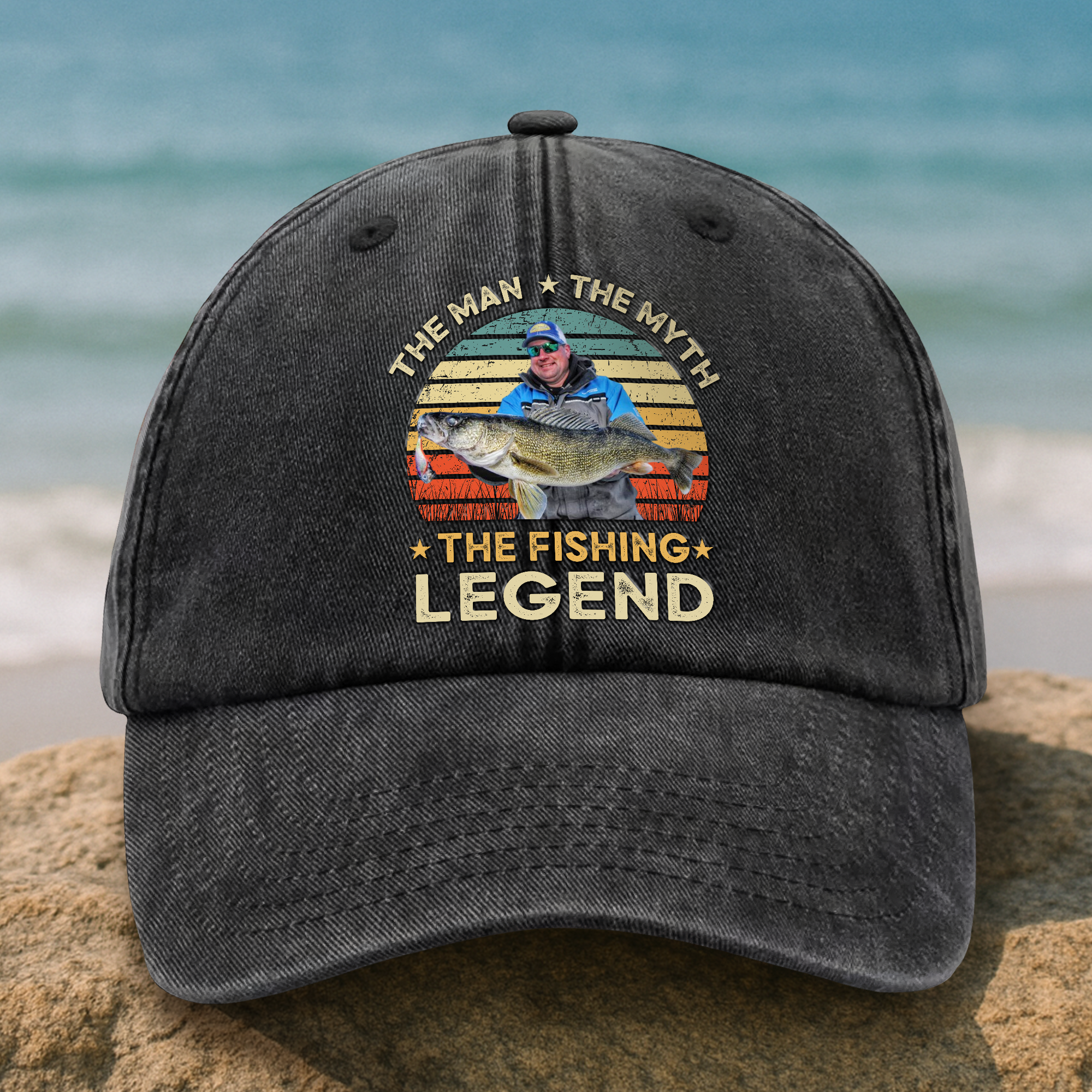 Custom Photo The Fishing Legend Washed Denim Baseball Cap Ha75 BMUW2