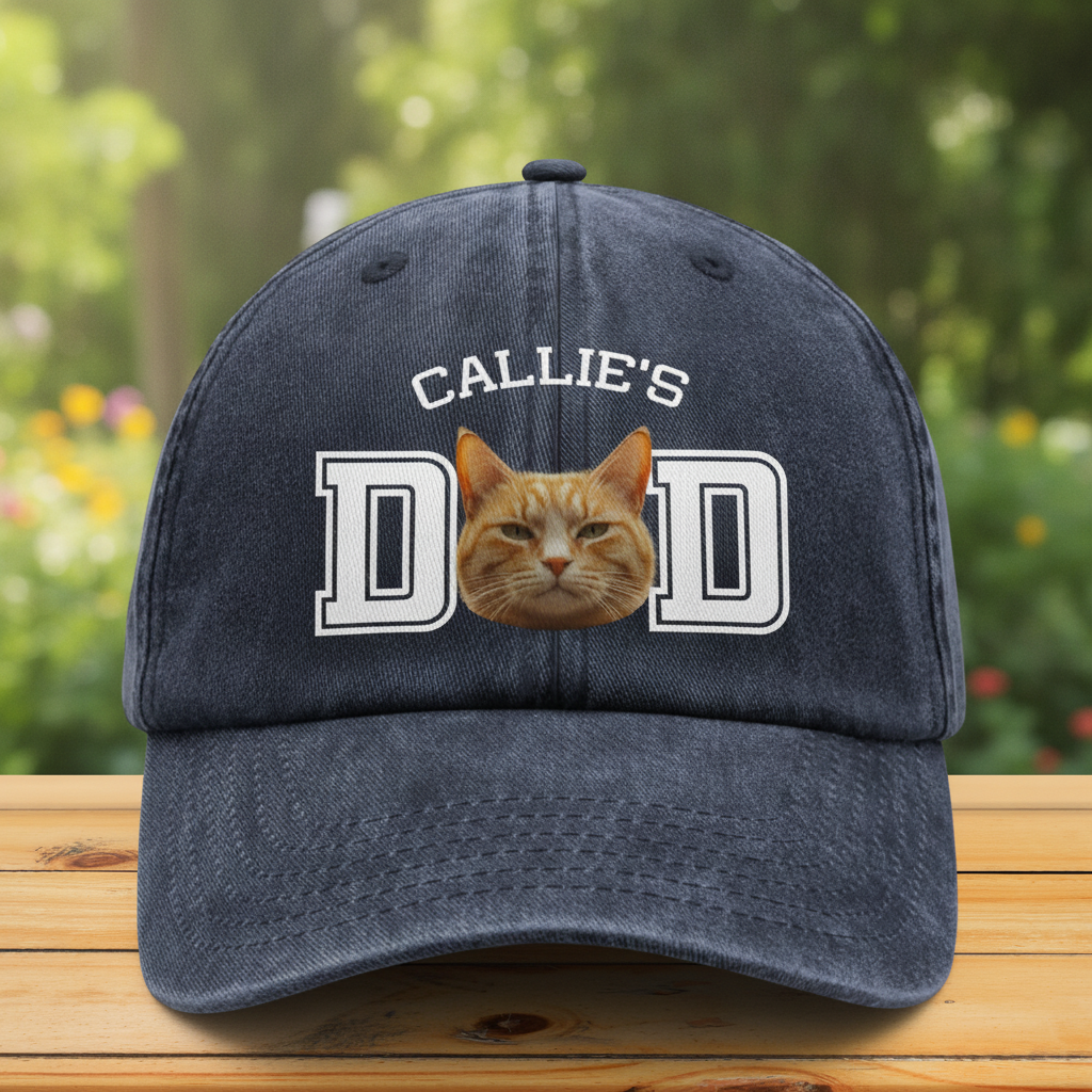 Custom Photo Dog Cat Dad Washed Denim Baseball Cap Ha75 DSMCC