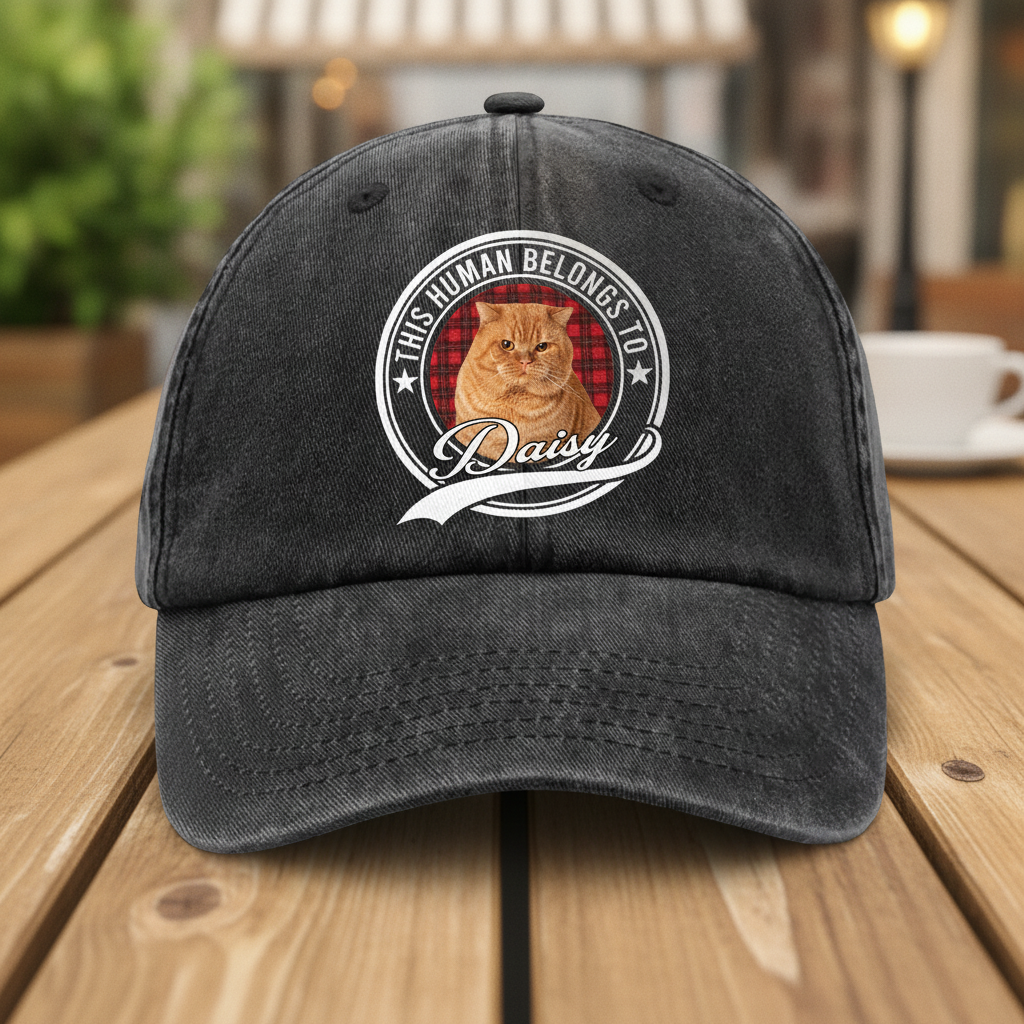 Custom Photo Human Belongs To Cat Washed Denim Baseball Cap Ha75 B2KAR