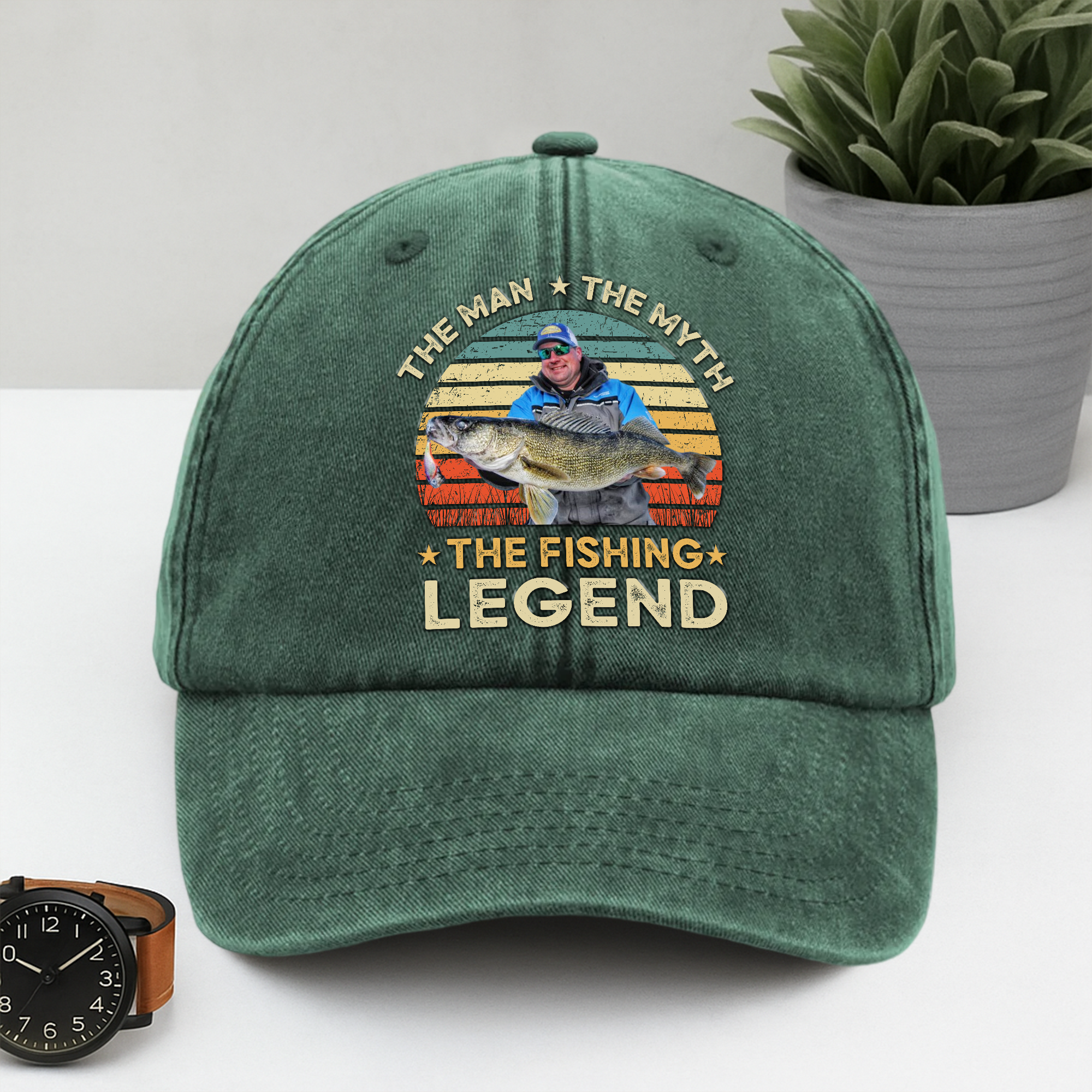 Custom Photo The Fishing Legend Washed Denim Baseball Cap Ha75 BMUW2