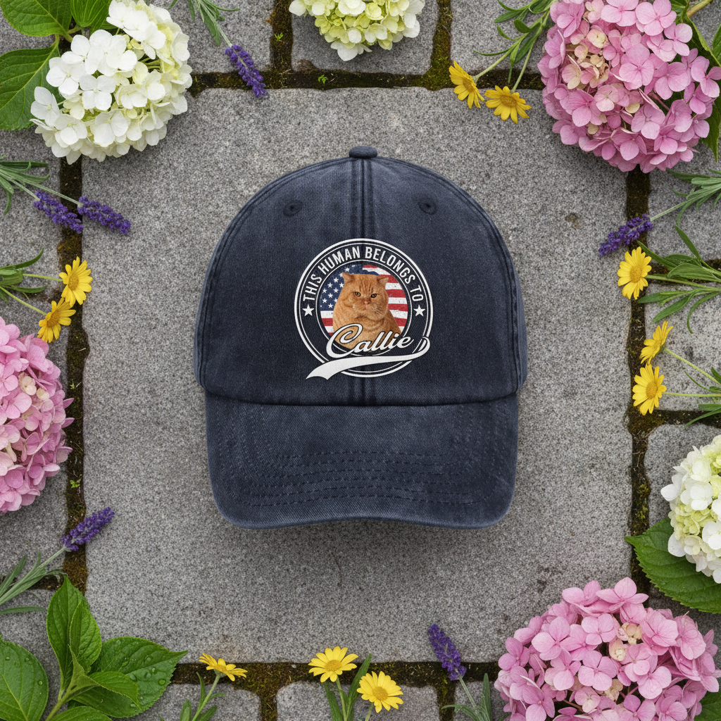 Custom Photo Human Belongs To Cat Washed Denim Baseball Cap Ha75 B2KAR