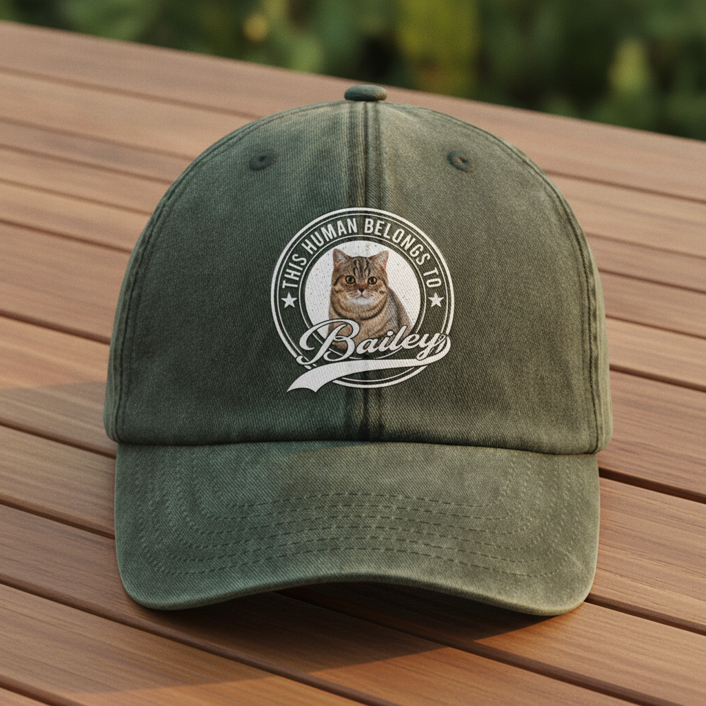 Custom Photo Human Belongs To Cat Washed Denim Baseball Cap Ha75 B2KAR