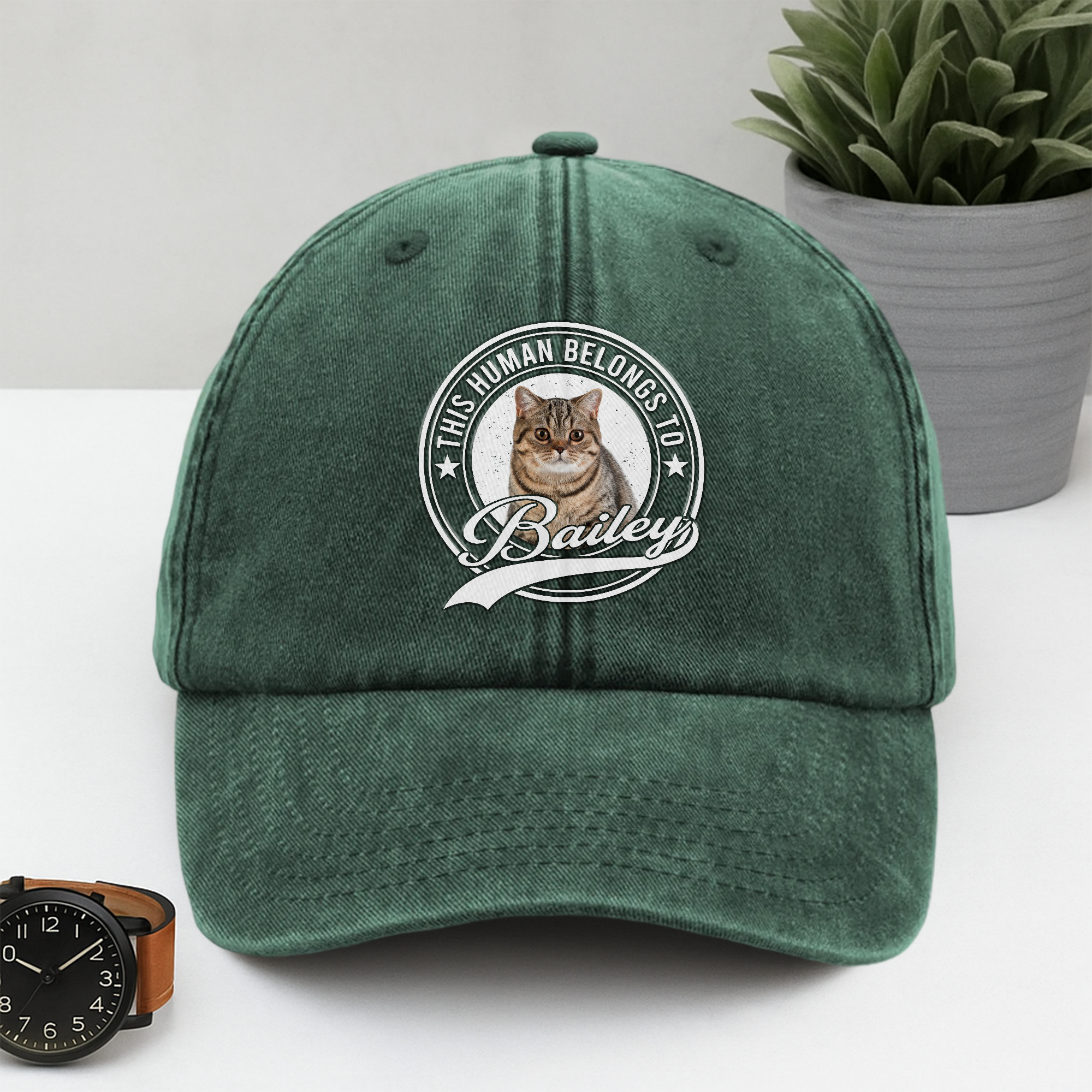 Custom Photo Human Belongs To Cat Washed Denim Baseball Cap Ha75 B2KAR