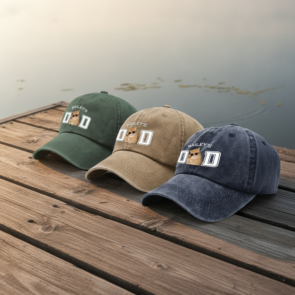 Custom Photo Dog Cat Dad Washed Denim Baseball Cap Ha75 4JKSN
