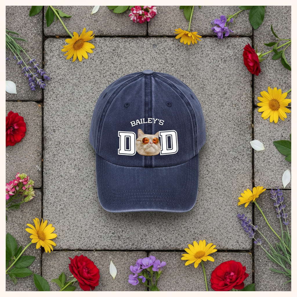Custom Photo Dog Cat Dad Washed Denim Baseball Cap Ha75 4JKSN