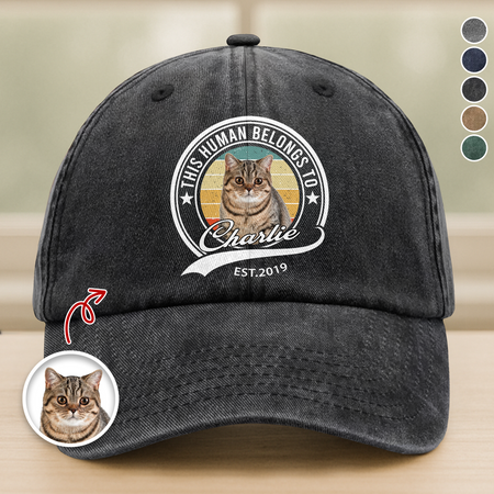 Custom Photo Human Belongs To Cat Washed Denim Baseball Cap Ha75 B2KAR