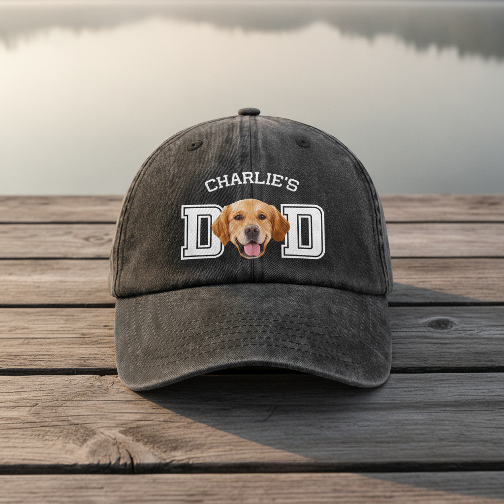 Custom Photo Dog Cat Dad Washed Denim Baseball Cap Ha75 DSMCC