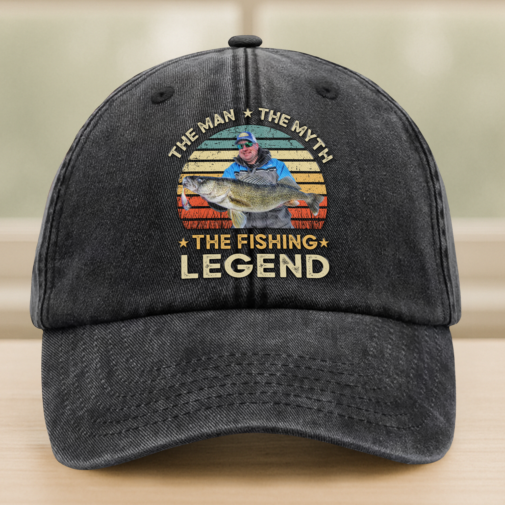 Custom Photo The Fishing Legend Washed Denim Baseball Cap Ha75 BMUW2