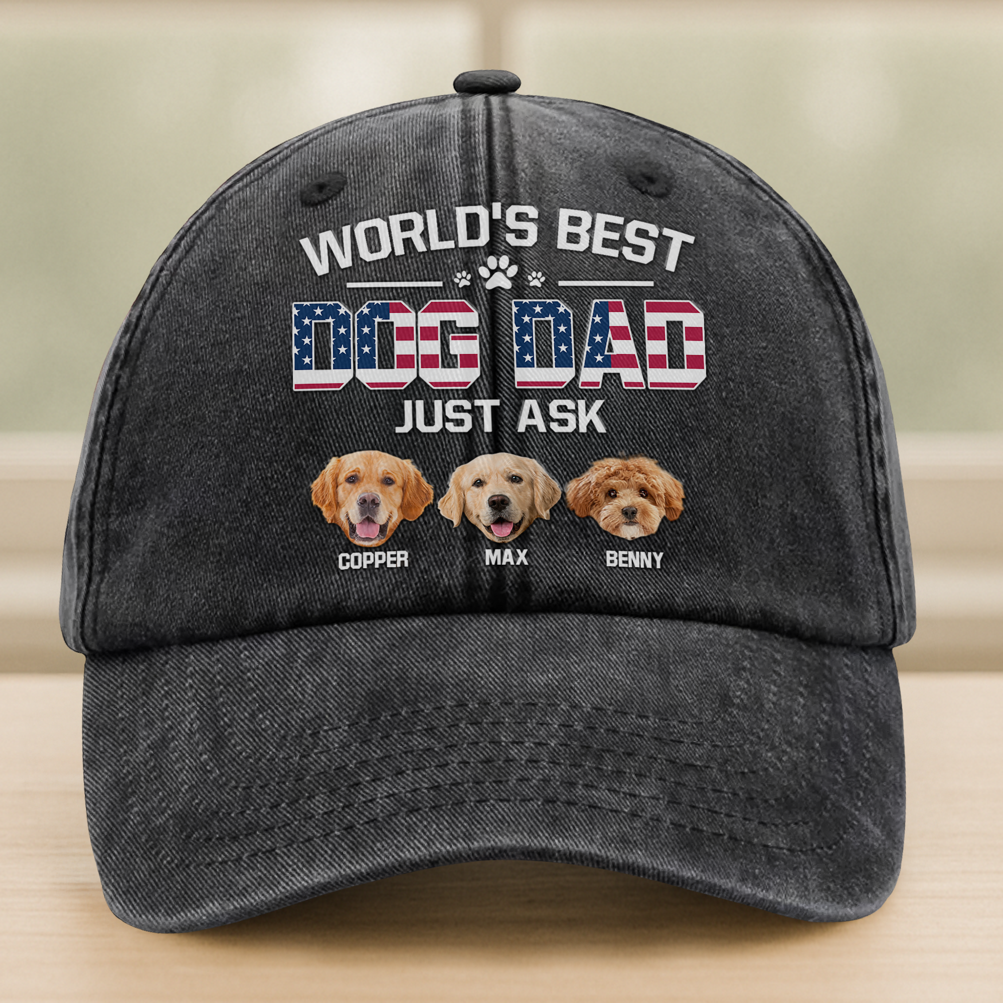 Custom Photo American Best Dog Dad Washed Denim Baseball Cap Ha75 JRYFA