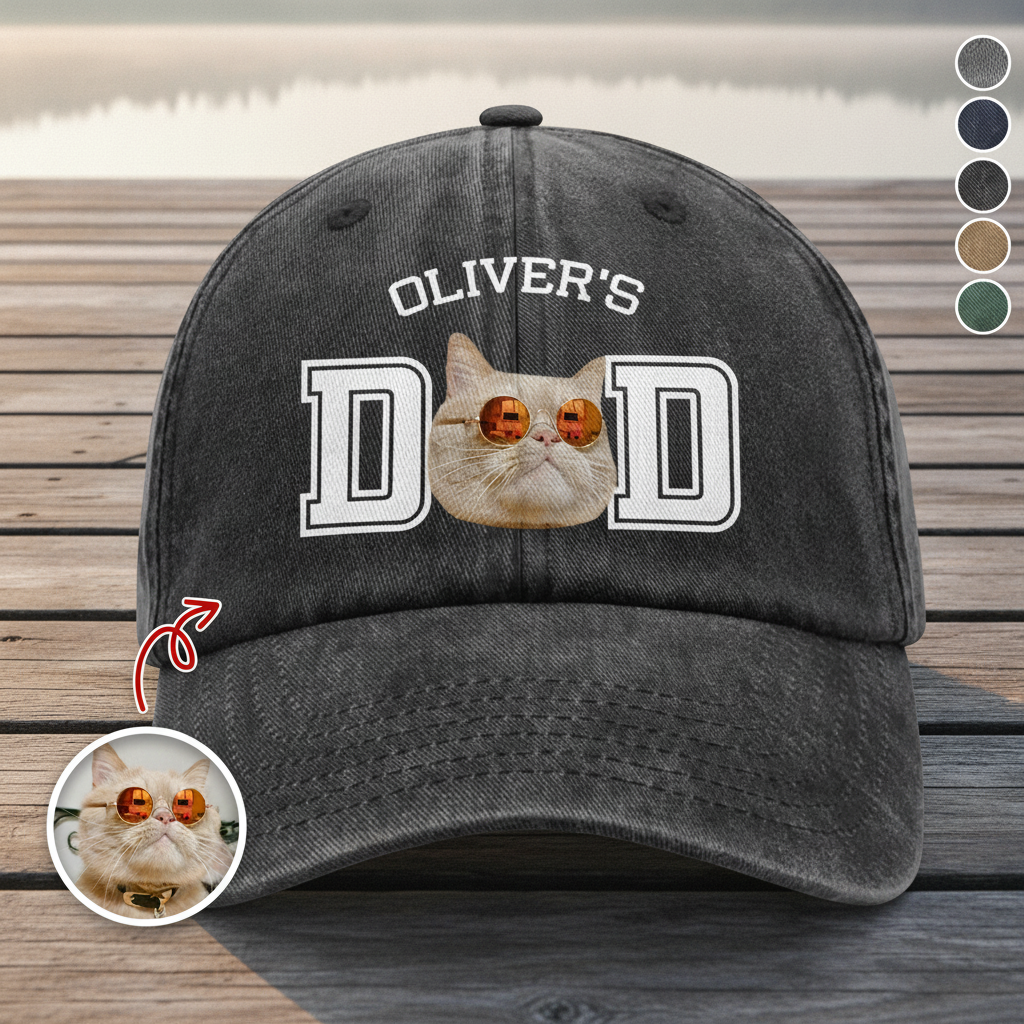 Custom Photo Cat Dad, Cat Mom Washed Denim Baseball Cap Ha75 HG3ZB