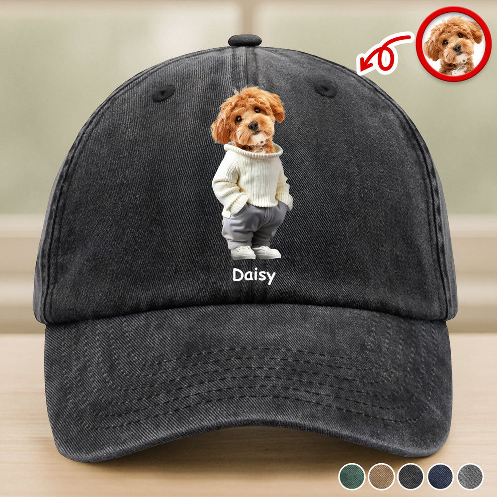 Custom Photo And Name Dog Washed Denim Baseball Cap For Dog Pet Lover Ha75 APVF7