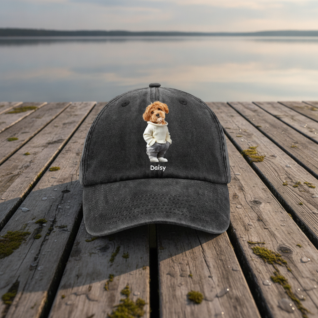 Custom Photo And Name Dog Washed Denim Baseball Cap For Dog Pet Lover Ha75 APVF7