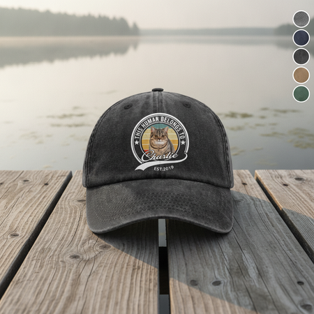 Custom Photo Human Belongs To Cat Washed Denim Baseball Cap Ha75 B2KAR