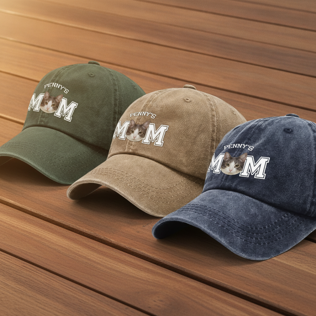 Custom Photo Dog Cat Dad Washed Denim Baseball Cap Ha75 4JKSN