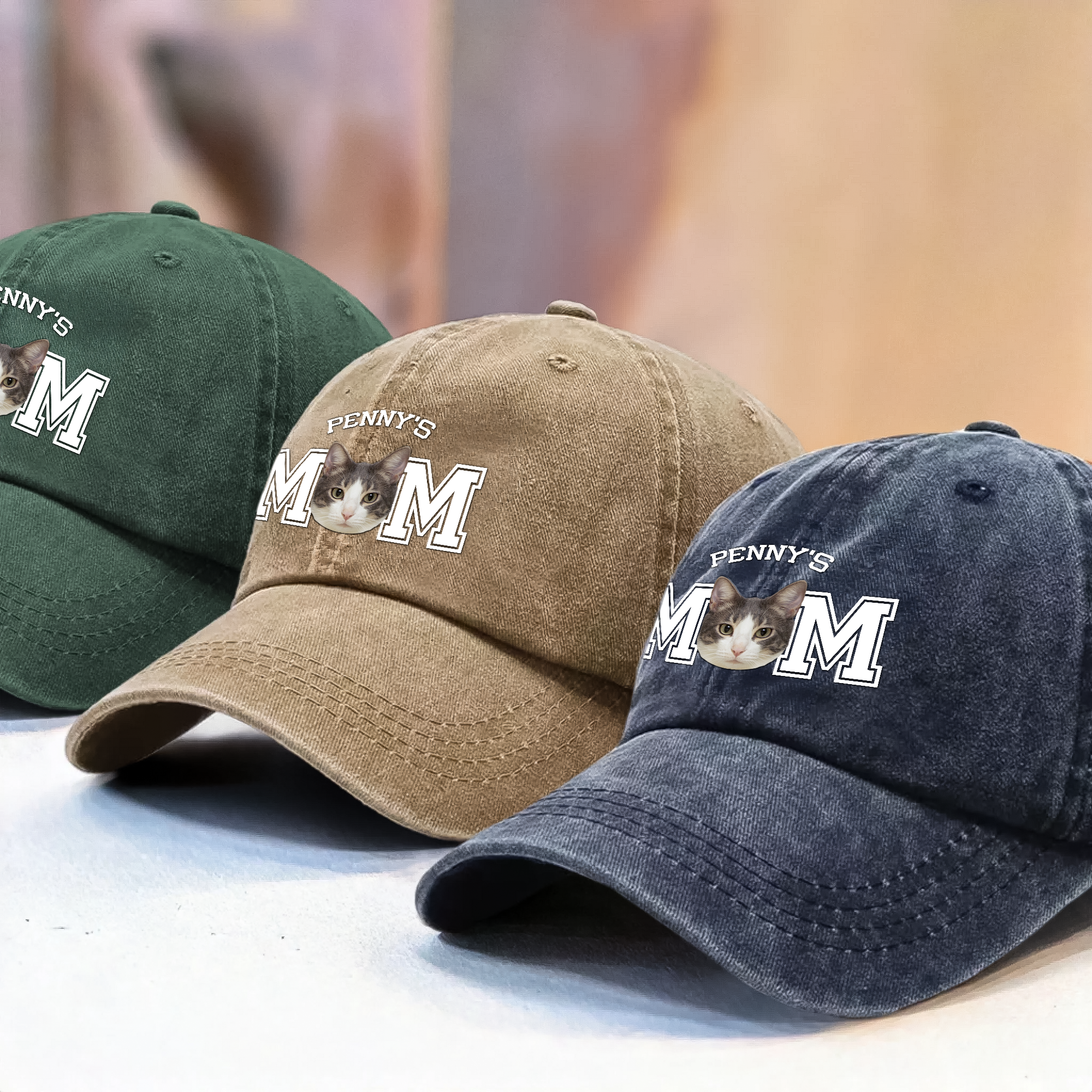 Custom Photo Dog Cat Dad Washed Denim Baseball Cap Ha75 4JKSN