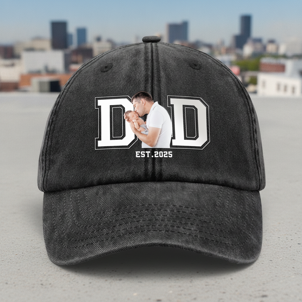 Custom Photo Dad & Kid Washed Denim Baseball Cap Father'S Day, FJ7G5