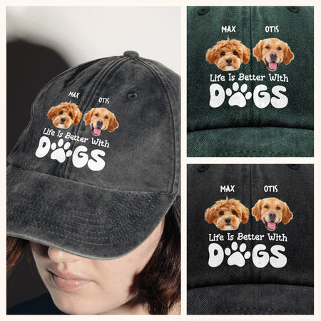Custom Photo Life Is Better With Dogs Washed Denim Baseball Cap Ha75 UQ3G3