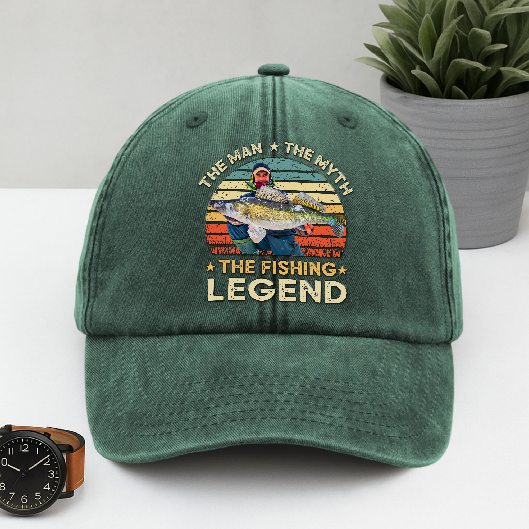 Custom Photo The Fishing Legend Washed Denim Baseball Cap Ha75 BMUW2