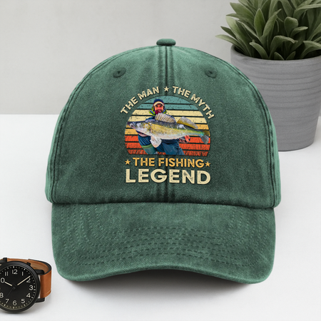 Custom Photo The Fishing Legend Washed Denim Baseball Cap Ha75 BMUW2