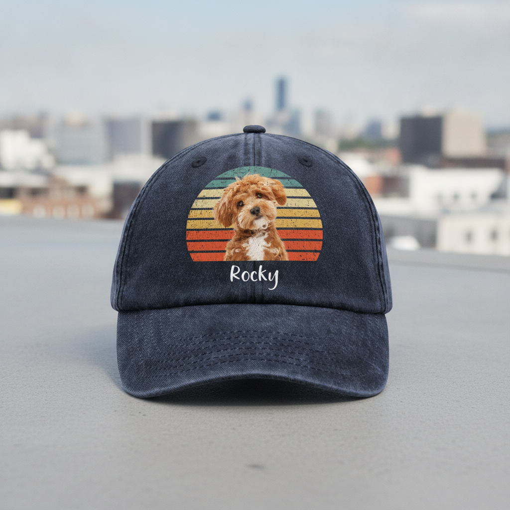 Custom Photo Dog Vintage Retro Washed Denim Baseball Cap Ha75 W35YZ