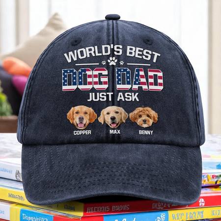 Custom Photo American Best Dog Dad Washed Denim Baseball Cap Ha75 JRYFA