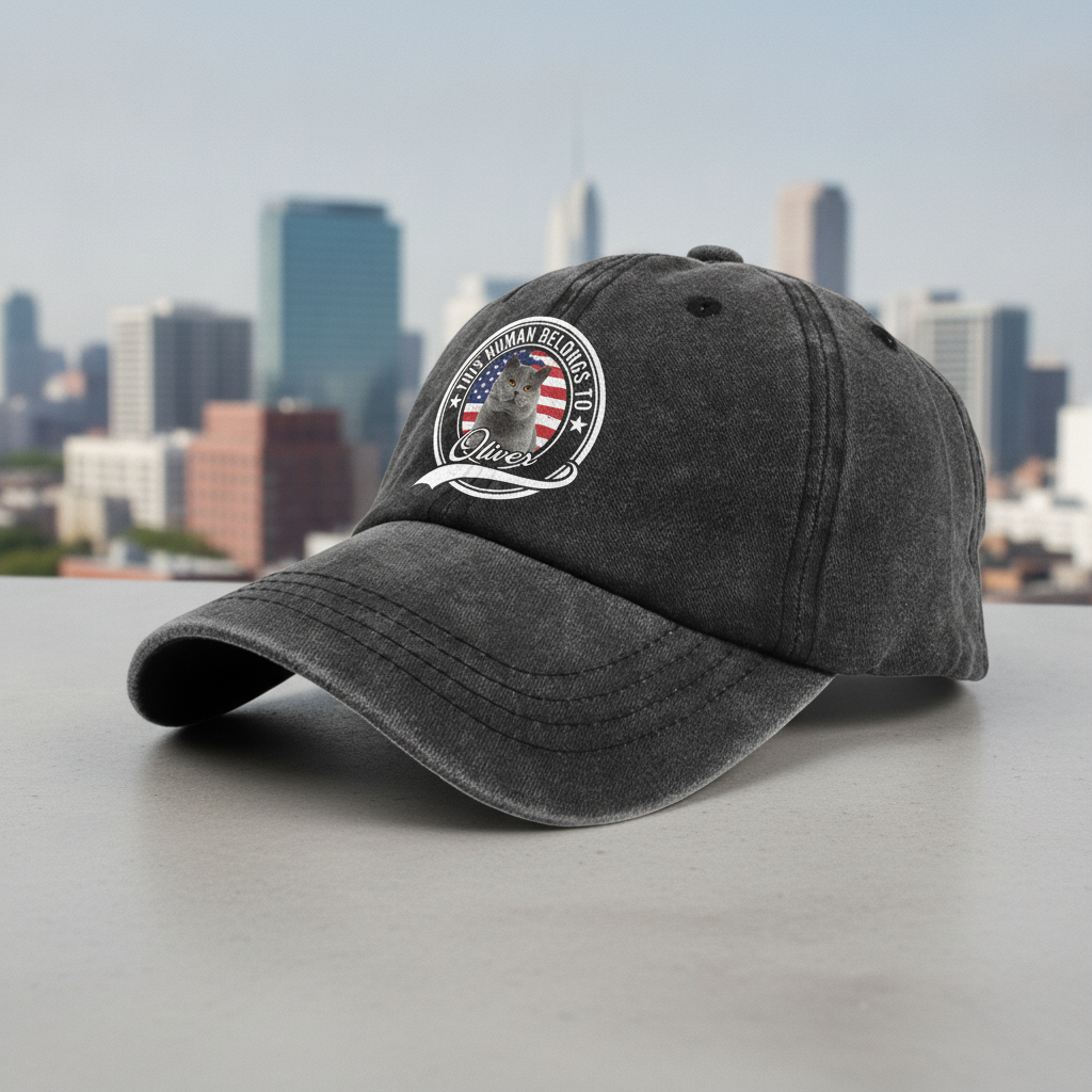 Custom Photo Human Belongs To Cat Washed Denim Baseball Cap Ha75 B2KAR