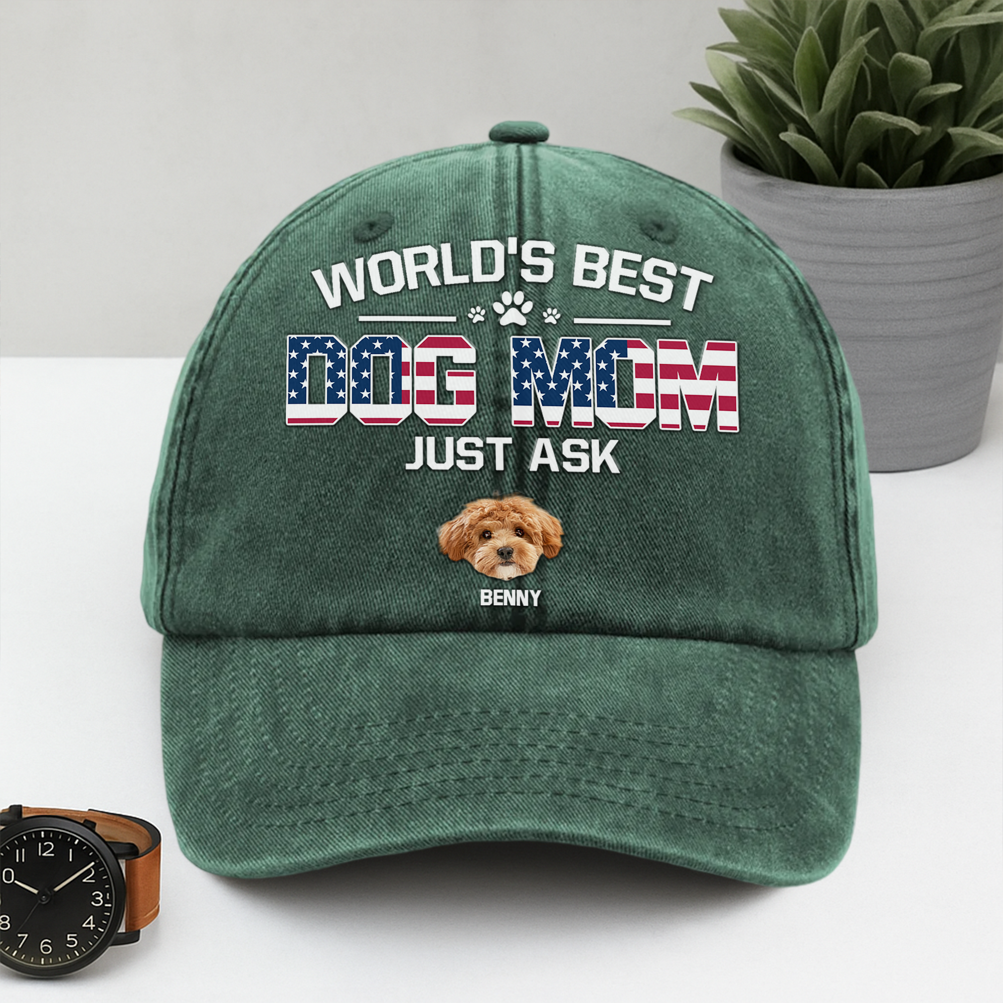 Custom Photo American Best Dog Dad Washed Denim Baseball Cap Ha75 JRYFA