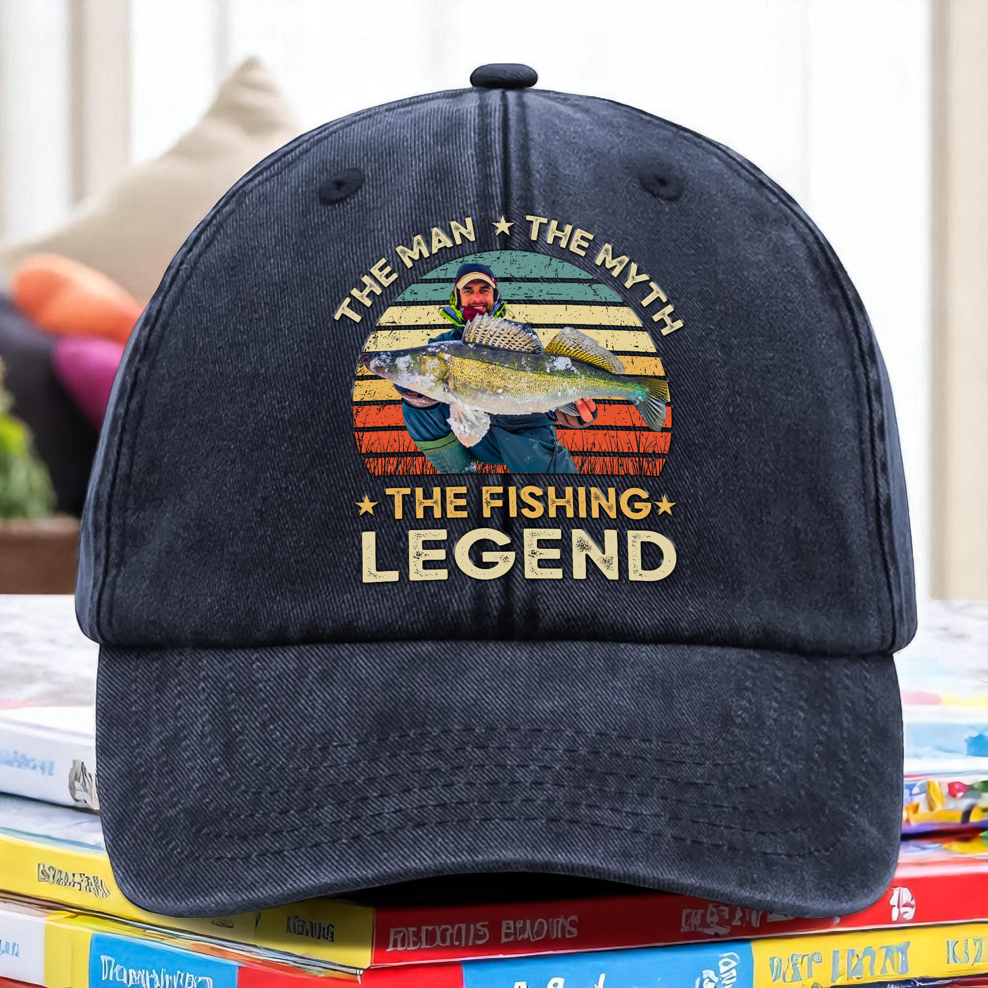 Custom Photo The Fishing Legend Washed Denim Baseball Cap Ha75 BMUW2
