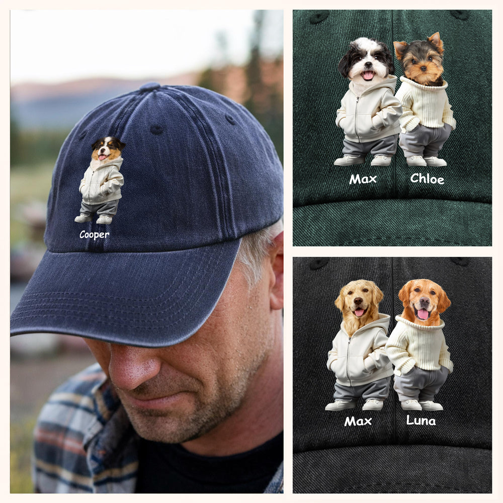 Custom Photo And Name Dog Washed Denim Baseball Cap For Dog Pet Lover Ha75 APVF7
