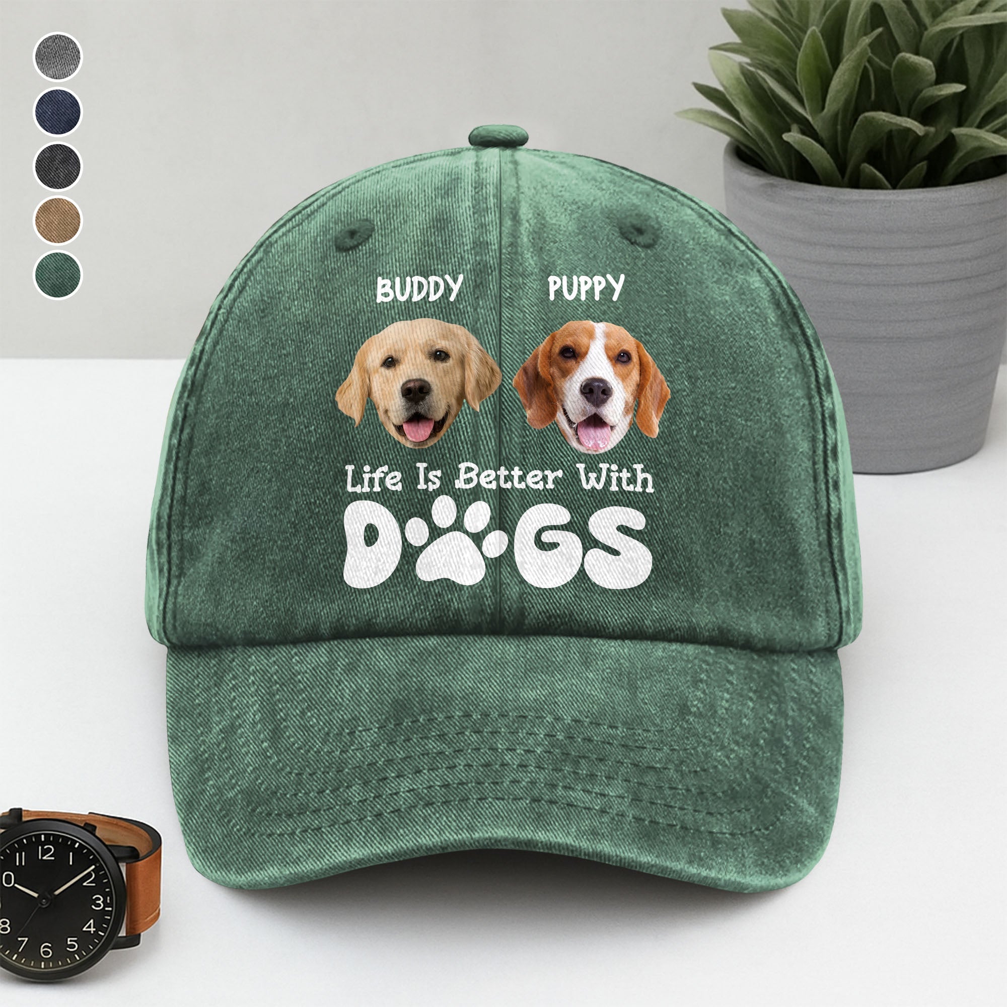 Custom Photo Life Is Better With Dogs Washed Denim Baseball Cap Ha75 UQ3G3