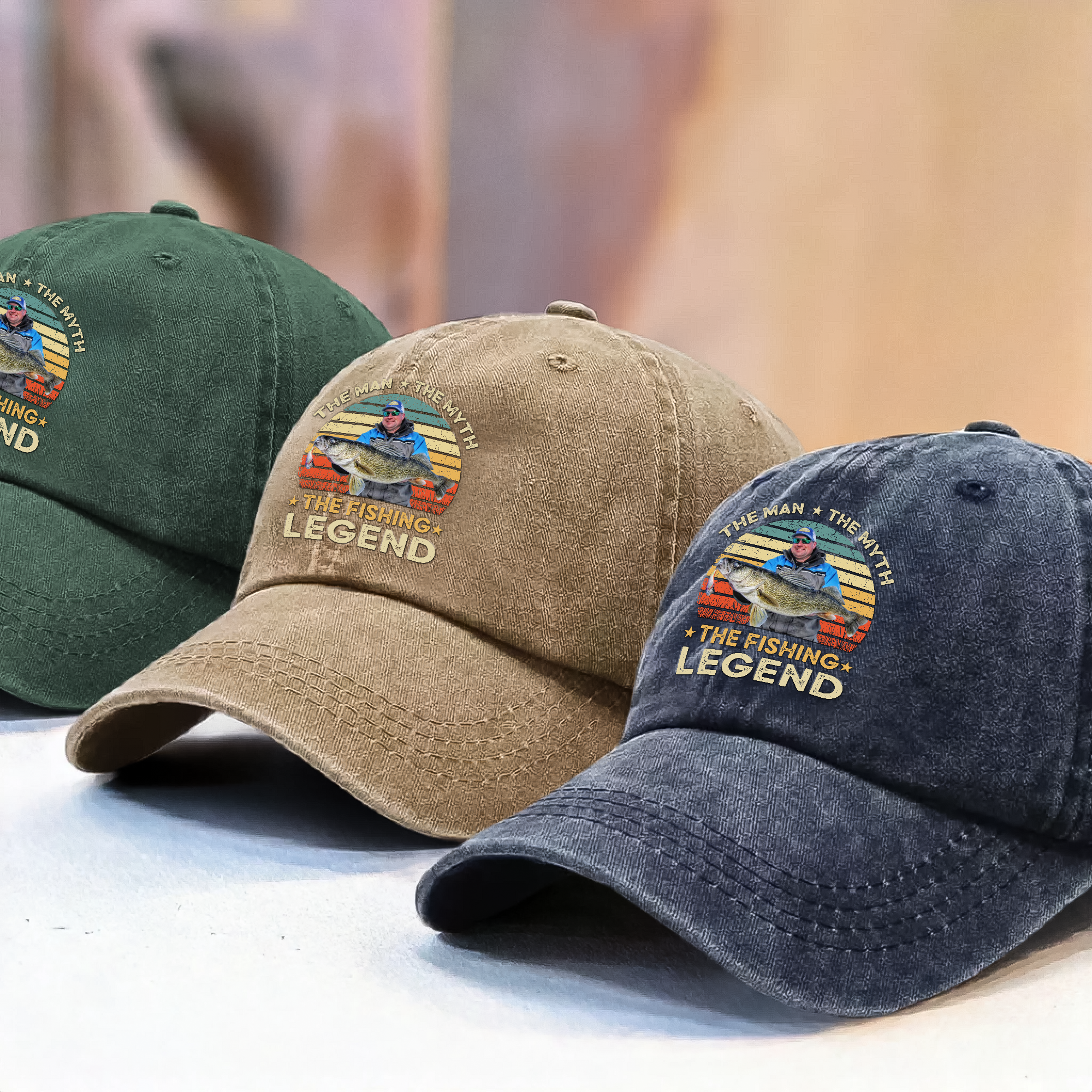 Custom Photo The Fishing Legend Washed Denim Baseball Cap Ha75 BMUW2