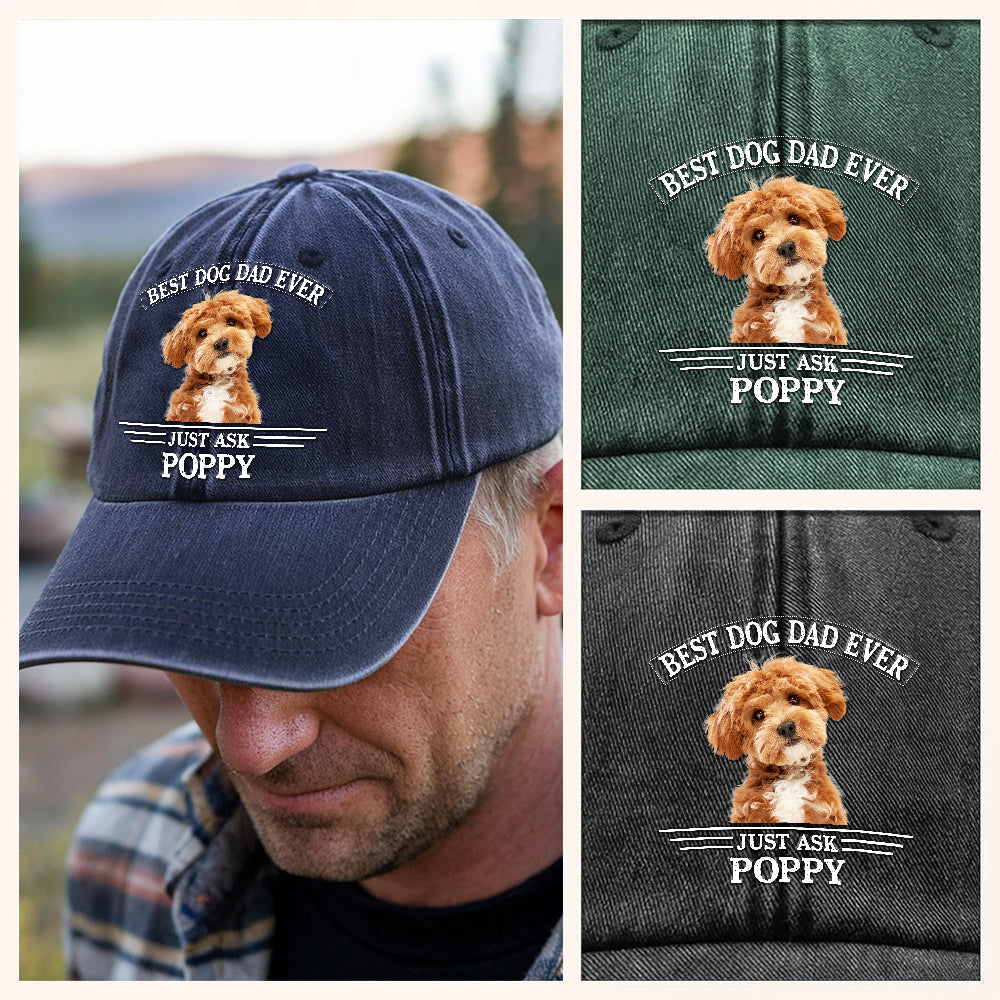 Custom Photo Best Dog Dad/Mom Ever Washed Denim Baseball Cap WTQTH