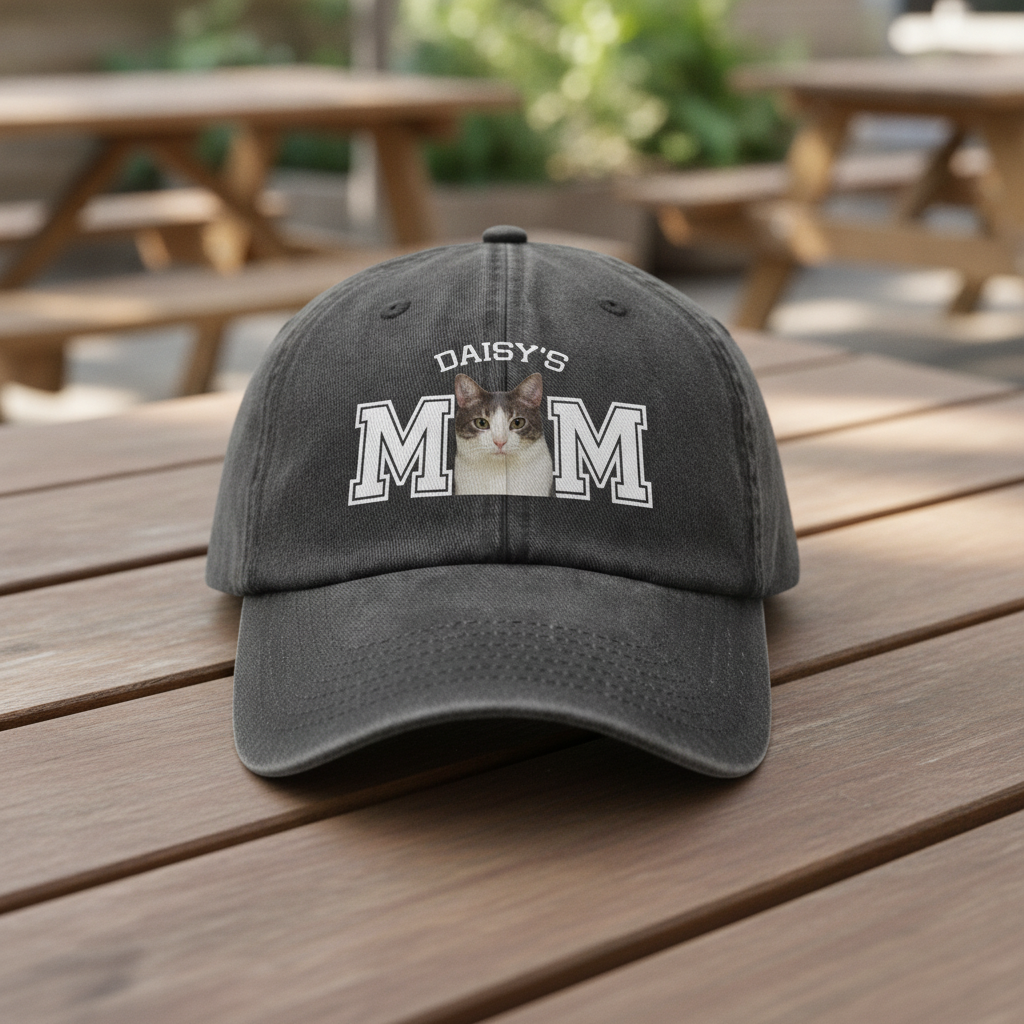 Custom Photo Cat Dad, Cat Mom Washed Denim Baseball Cap Ha75 HG3ZB