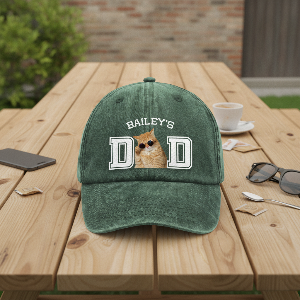Custom Photo Dog Cat Dad Washed Denim Baseball Cap Ha75 DSMCC