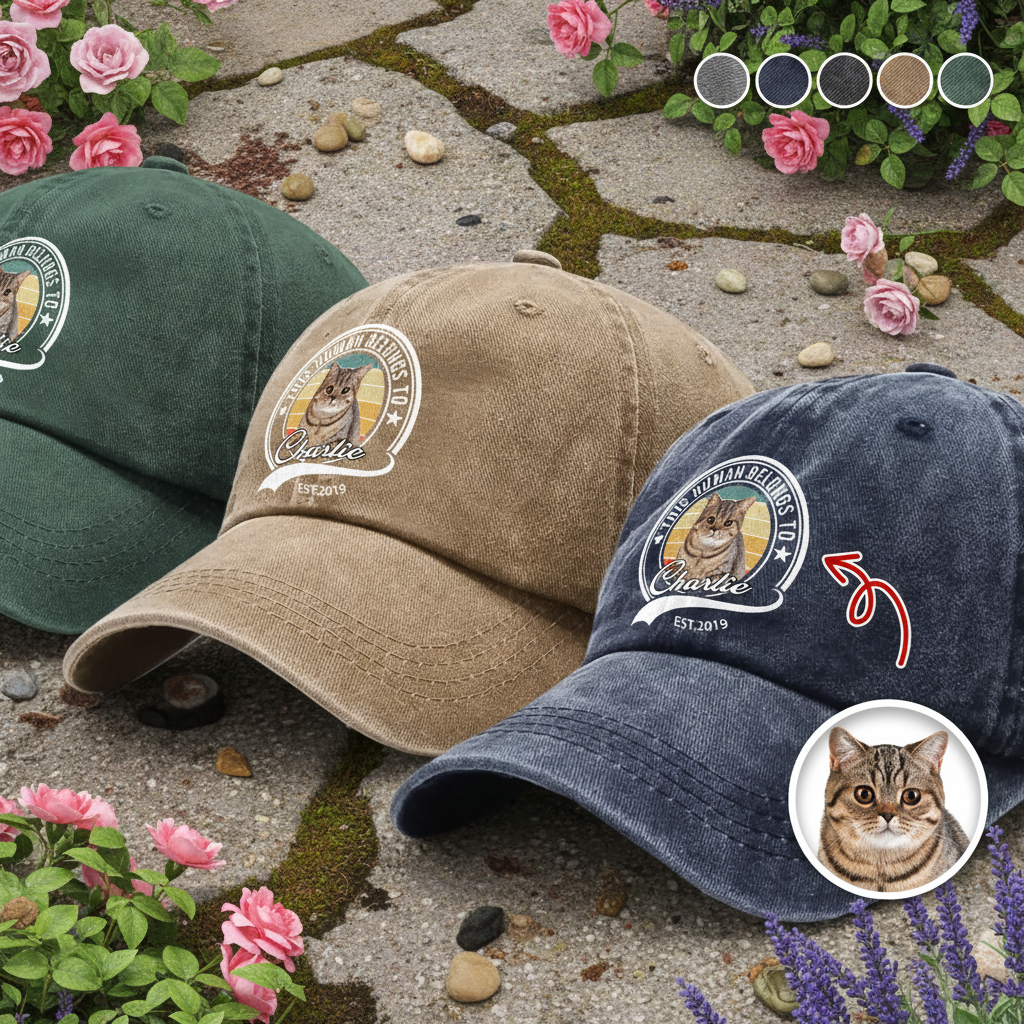 Custom Photo Human Belongs To Cat Washed Denim Baseball Cap Ha75 B2KAR